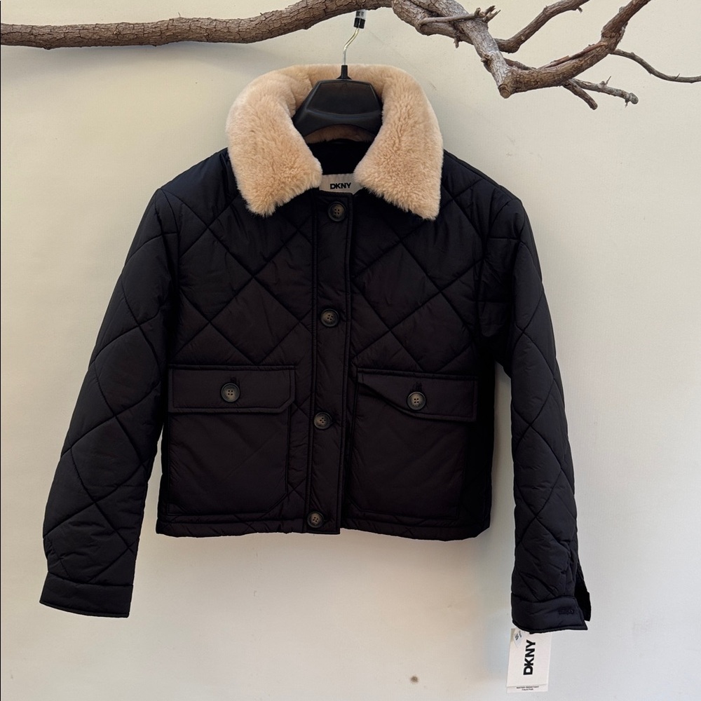 DKNY Black Quilted Jacket with Cream Collar